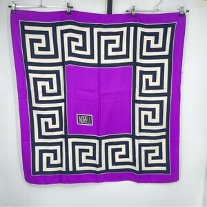 Norman Norell Wide Greek Key Silk Scarf purple black white geometric  34x33.5”